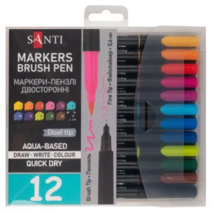 Carioci acuarela SANTI Brush Pen duble 12 culori
