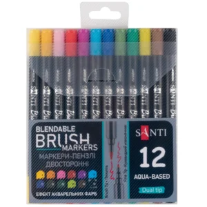 Markere acuarela SANTI Brush Pen duble 12 culori